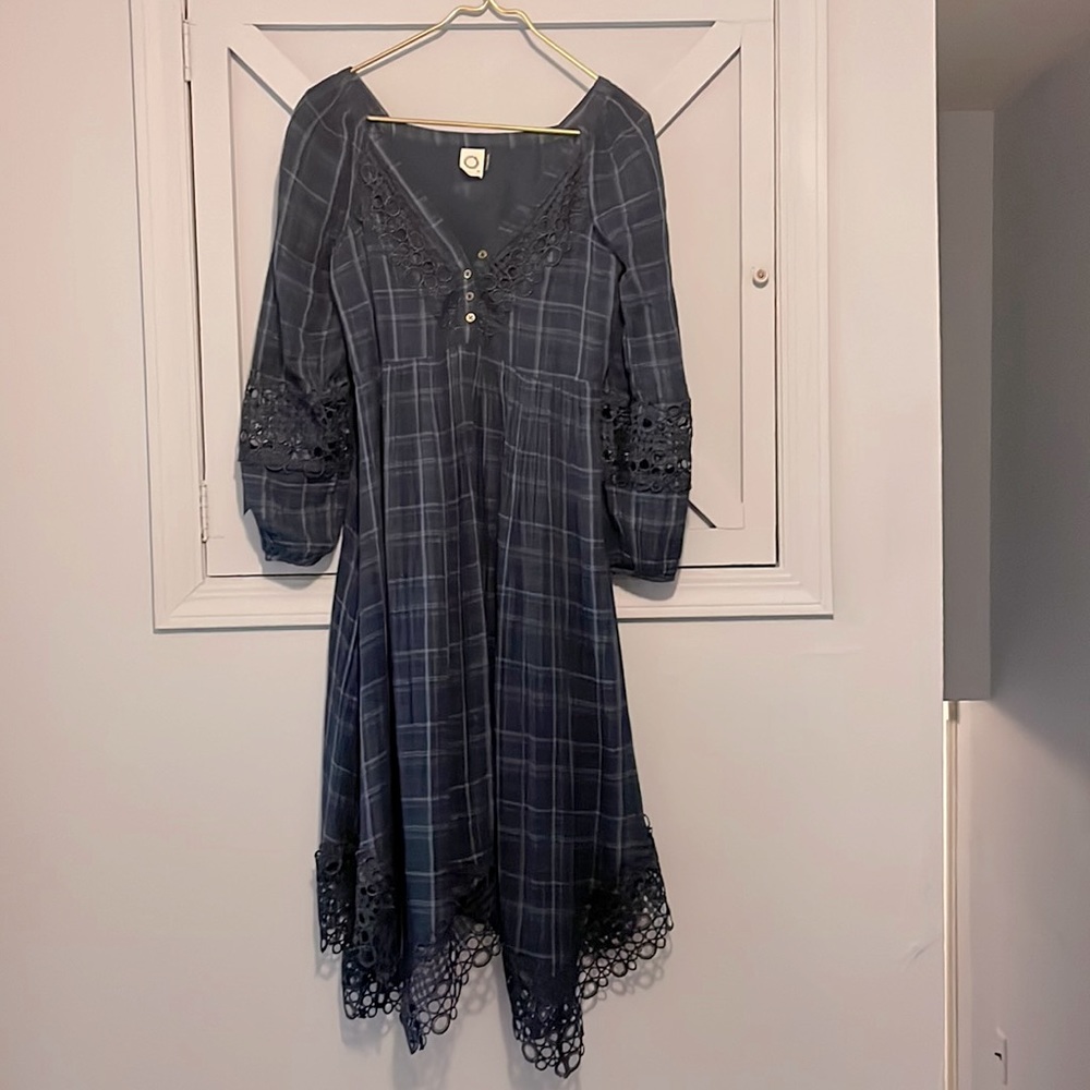 Size 2,Anthropology, navy plaid dress with handkerchief hem.